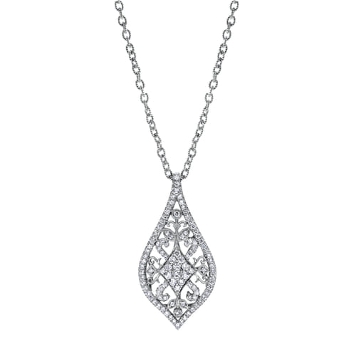 18K White Gold Filigree Diamond Teardrop Pendant Necklace