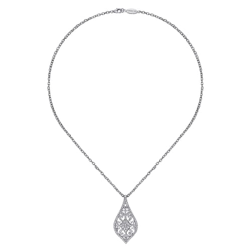 18K White Gold Filigree Diamond Teardrop Pendant Necklace