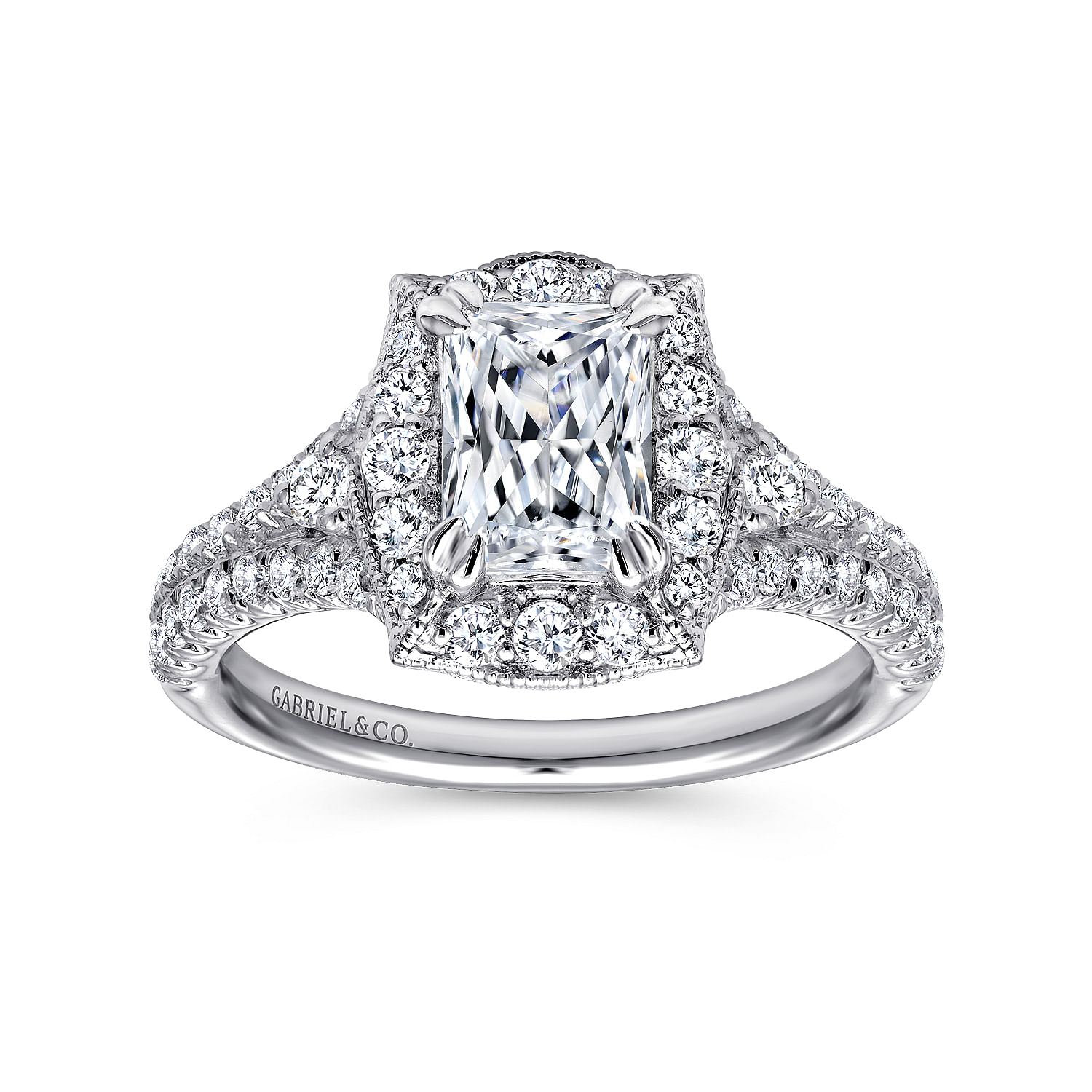 18K White Gold Halo Emerald Cut Diamond Engagement Ring