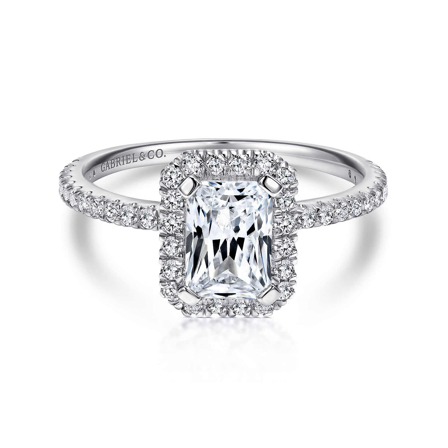 18K White Gold Halo Emerald Cut Diamond Engagement Ring