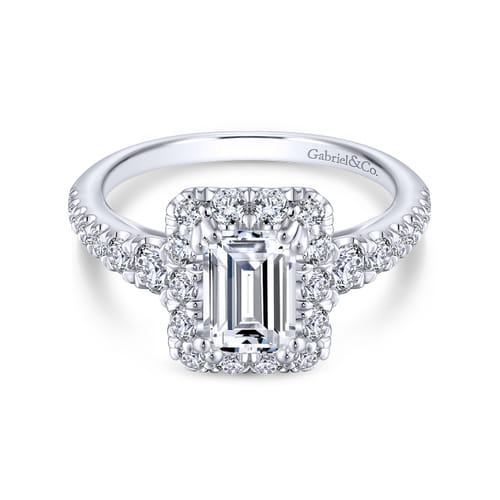 18K White Gold Halo Emerald Cut Diamond Engagement Ring