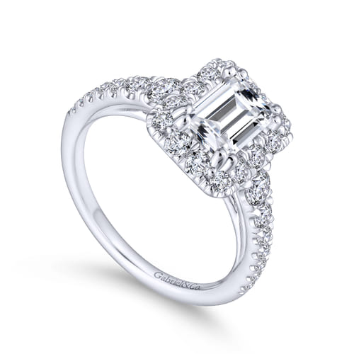 18K White Gold Halo Emerald Cut Diamond Engagement Ring