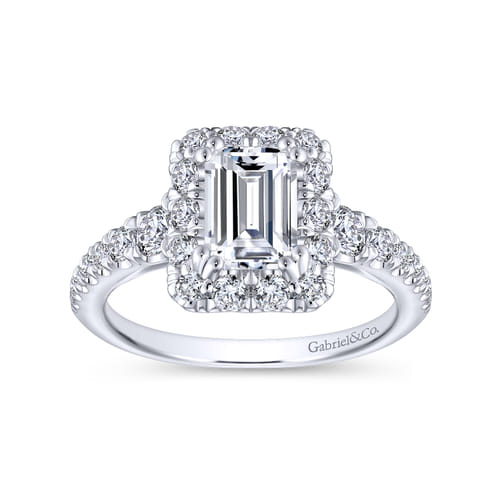 18K White Gold Halo Emerald Cut Diamond Engagement Ring