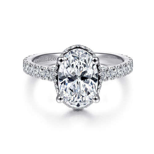 18K White Gold Hidden Halo Oval Diamond Engagement Ring