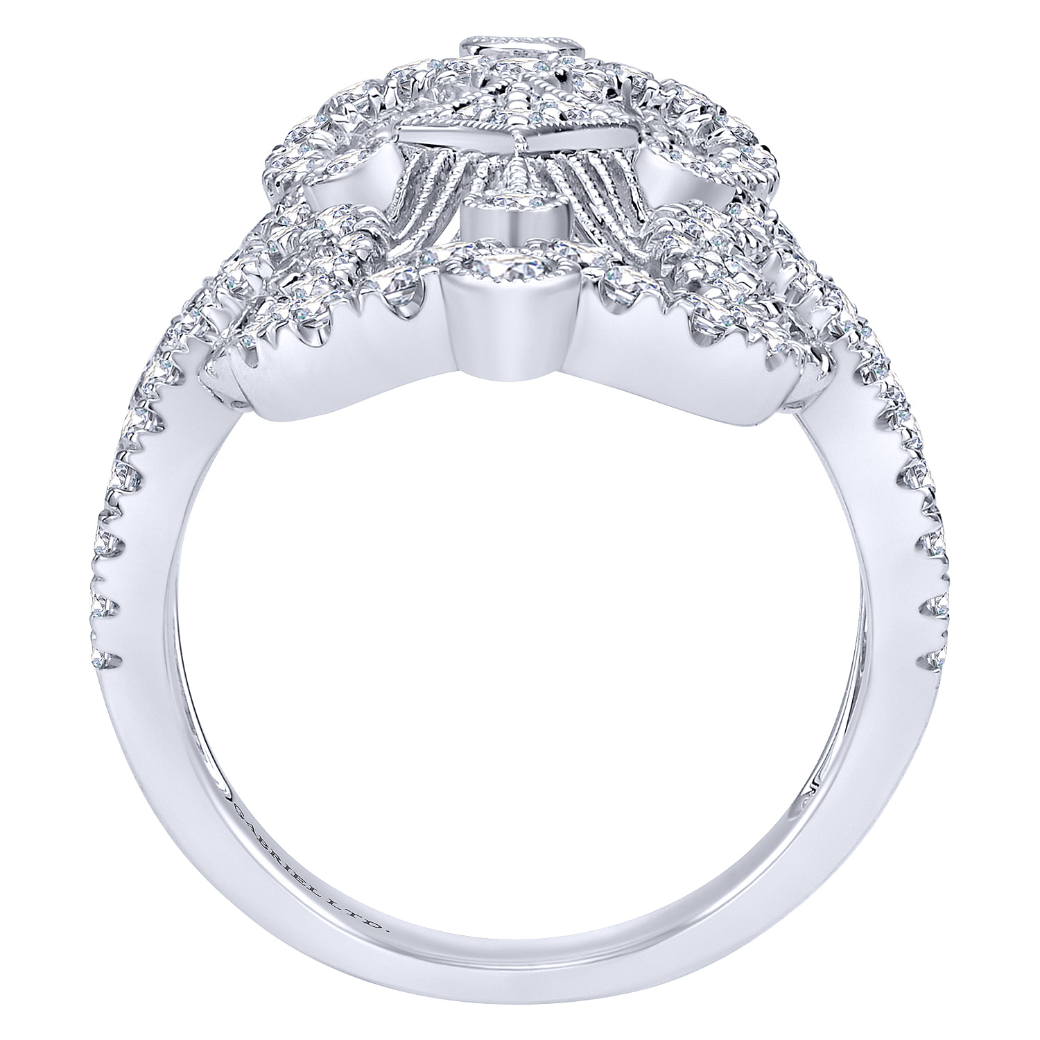 18K White Gold Intricate Openwork Elongated Diamond Statement Ring