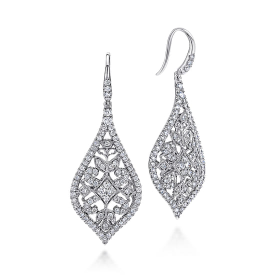 18K White Gold Intricate Pointed Teardrop Diamond Drop Earrings 