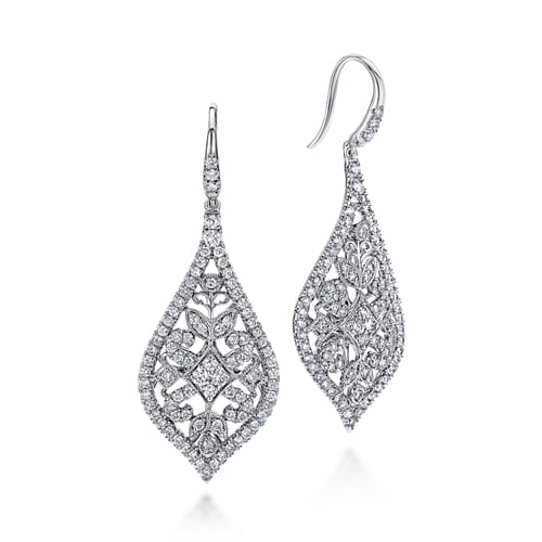 18K White Gold Intricate Pointed Teardrop Diamond Drop Earrings 18K White Gold Intricate Pointed Teardrop Diamond Drop Earrings