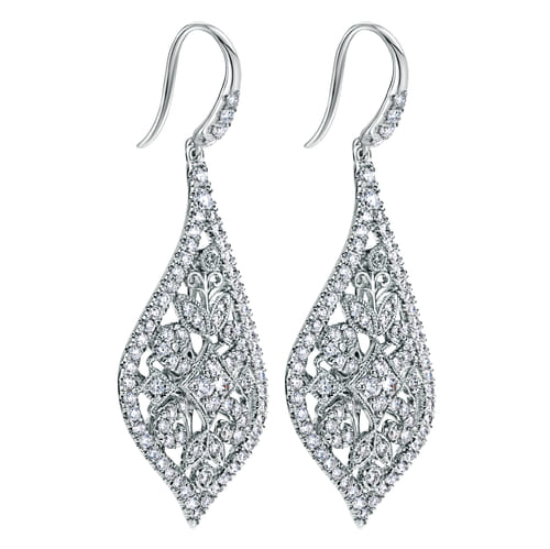 18K White Gold Intricate Pointed Teardrop Diamond Drop Earrings 18K White Gold Intricate Pointed Teardrop Diamond Drop Earrings