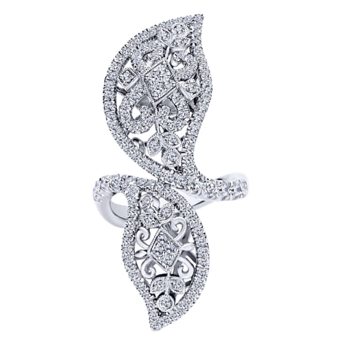 18K White Gold Large Diamond Bypassing Leaf Statement Ring