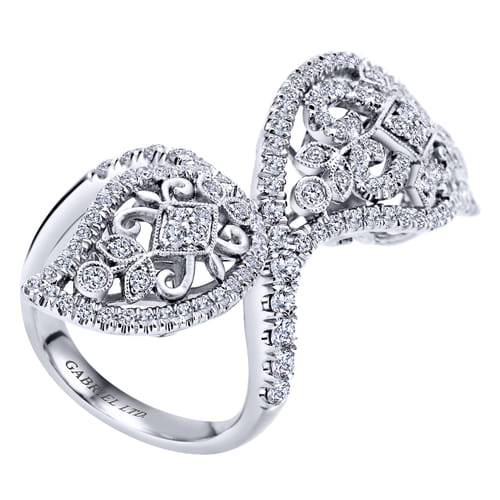 18K White Gold Large Diamond Bypassing Leaf Statement Ring