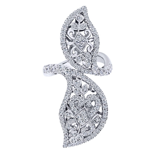 18K White Gold Large Diamond Bypassing Leaf Statement Ring