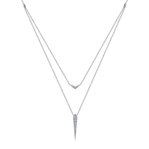 18K White Gold Layered Pavé Diamond Bar and Spike Pendant Necklace