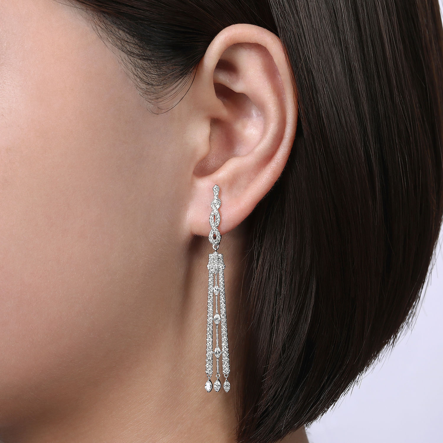 18K White Gold Long Diamond Drop Statement Earrings