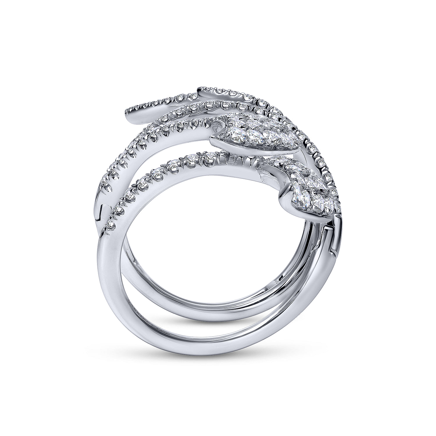 18K White Gold Long Wrapping Pavé Diamond Leaf Statement Ring
