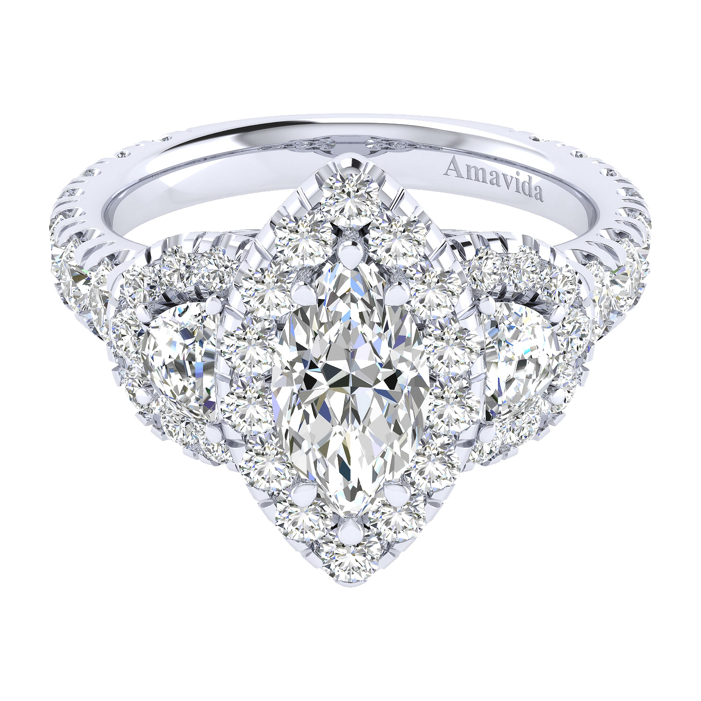 18K White Gold Marquise Shape Three Stone Halo Diamond Engagement Ring