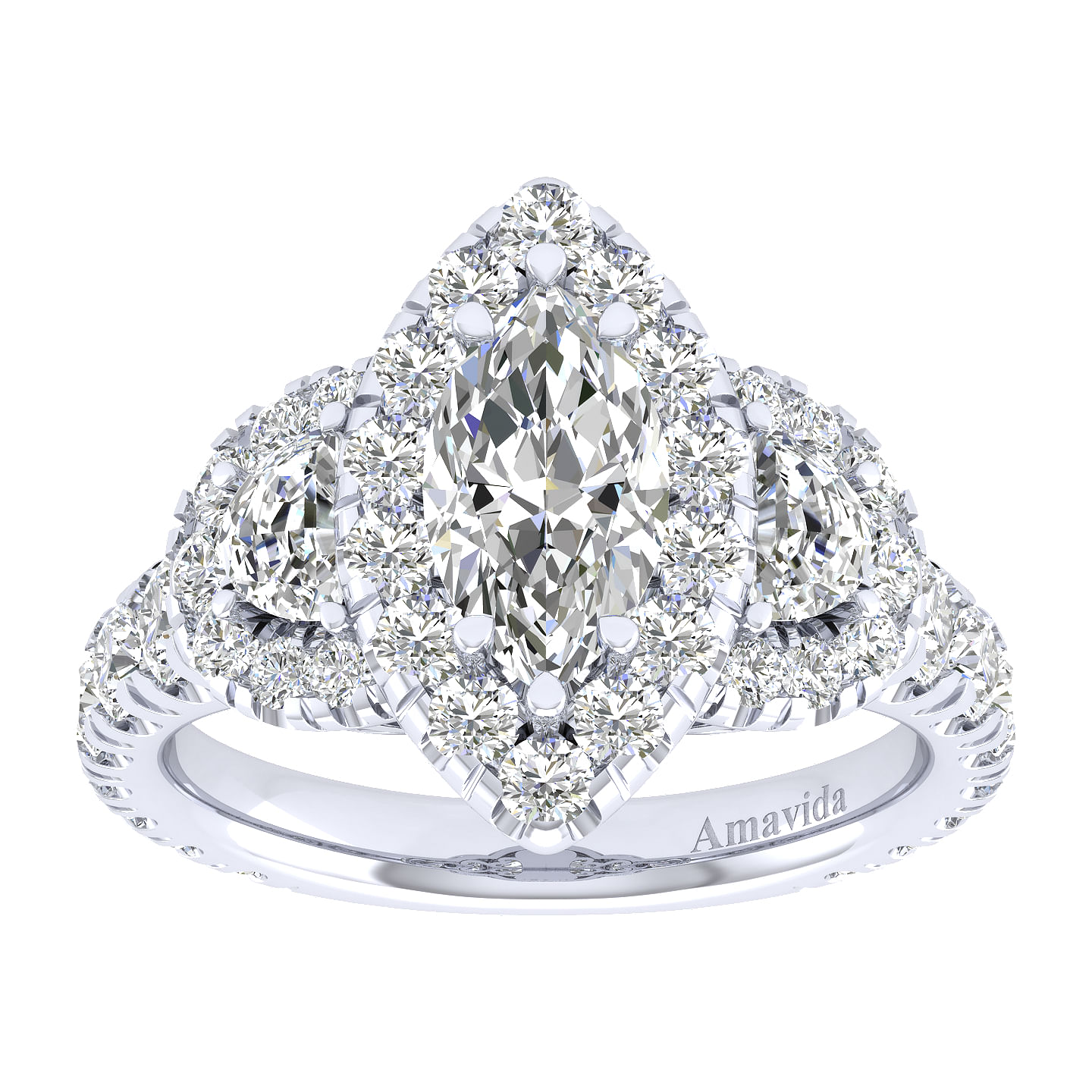 18K White Gold Marquise Shape Three Stone Halo Diamond Engagement Ring