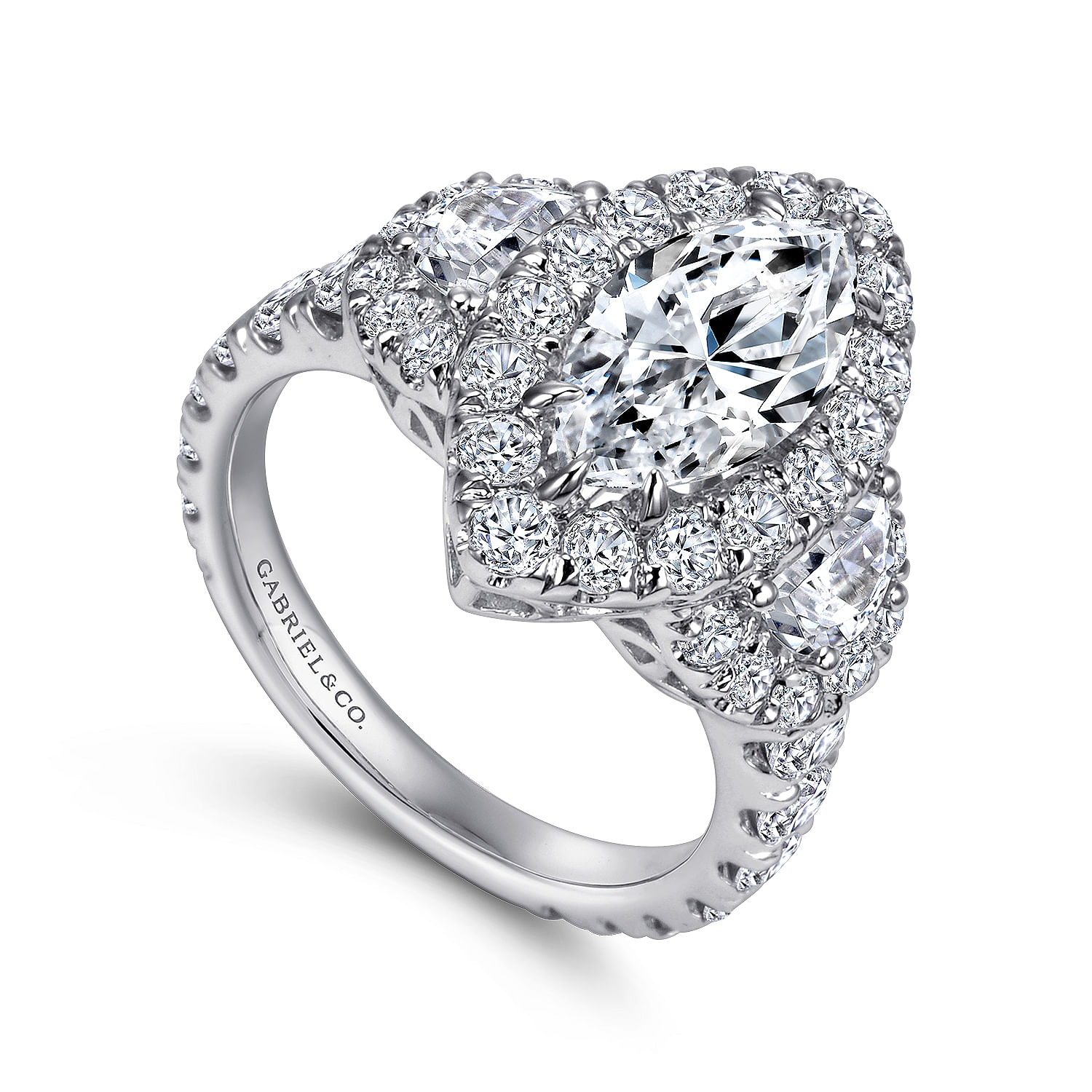 18K White Gold Marquise Three Stone Halo Diamond Engagement Ring