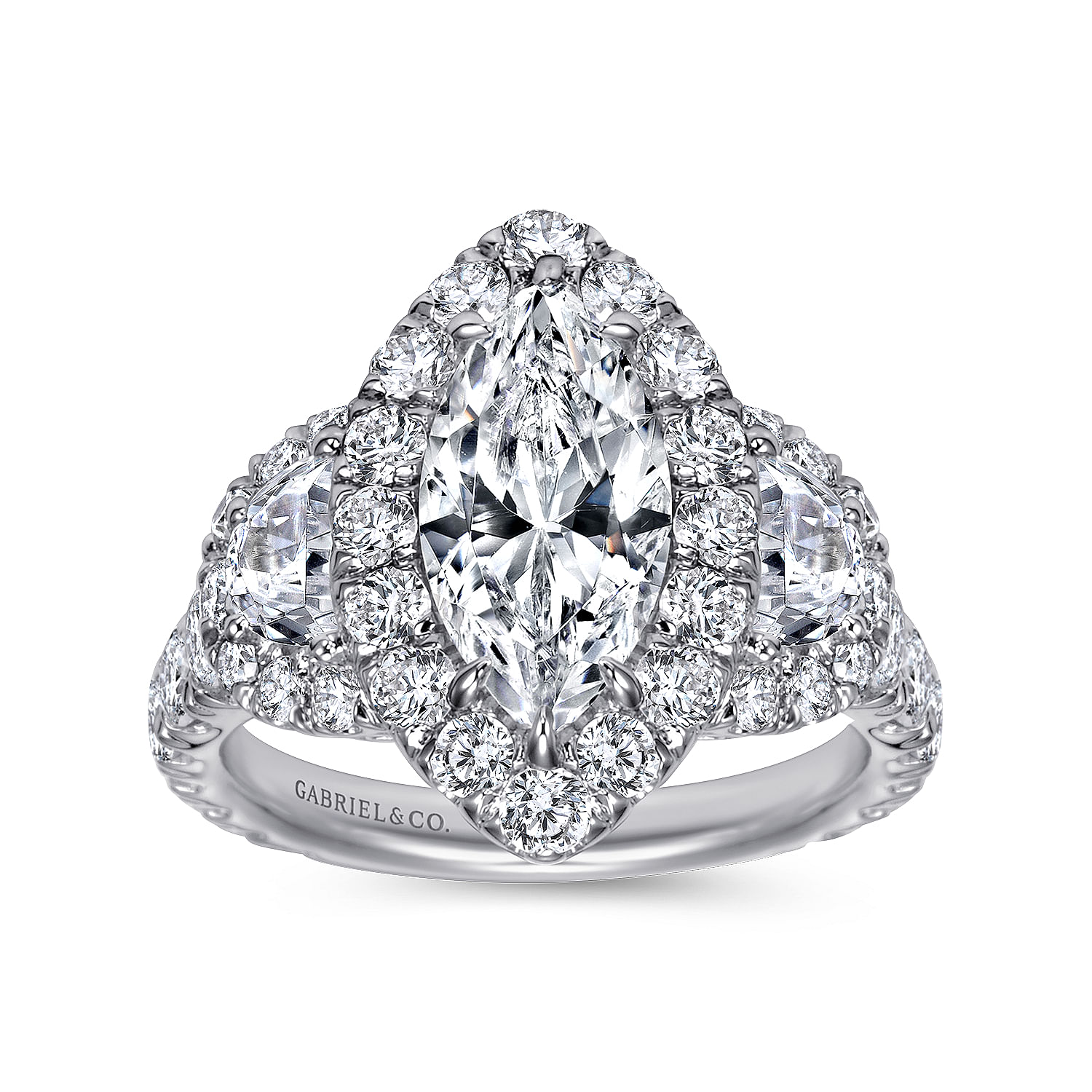 18K White Gold Marquise Three Stone Halo Diamond Engagement Ring