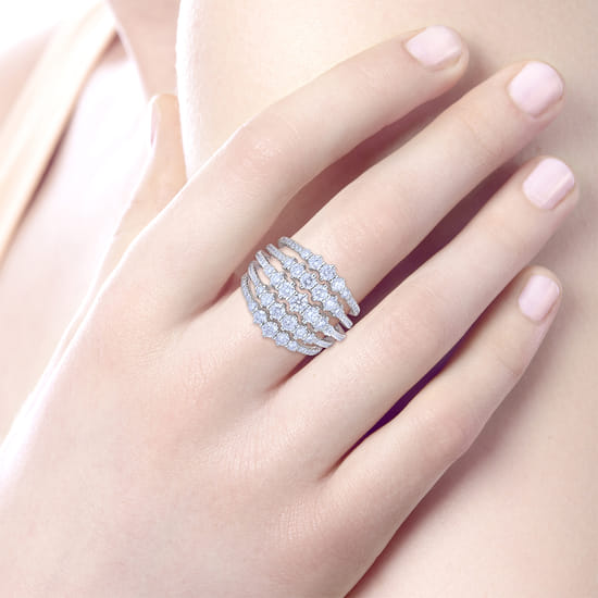 18K White Gold Multi Row Diamond Station Ring angle 5 18K White Gold Multi Row Diamond Station Ring angle 5