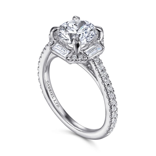 18K White Gold Octagonal Halo Round Diamond Engagement Ring