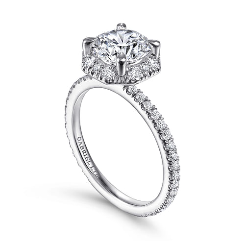 18K White Gold Octagonal Halo Round Diamond Engagement Ring