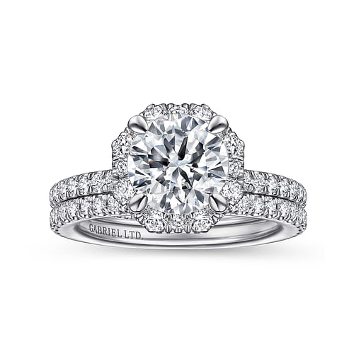 18K White Gold Octagonal Halo Round Diamond Engagement Ring