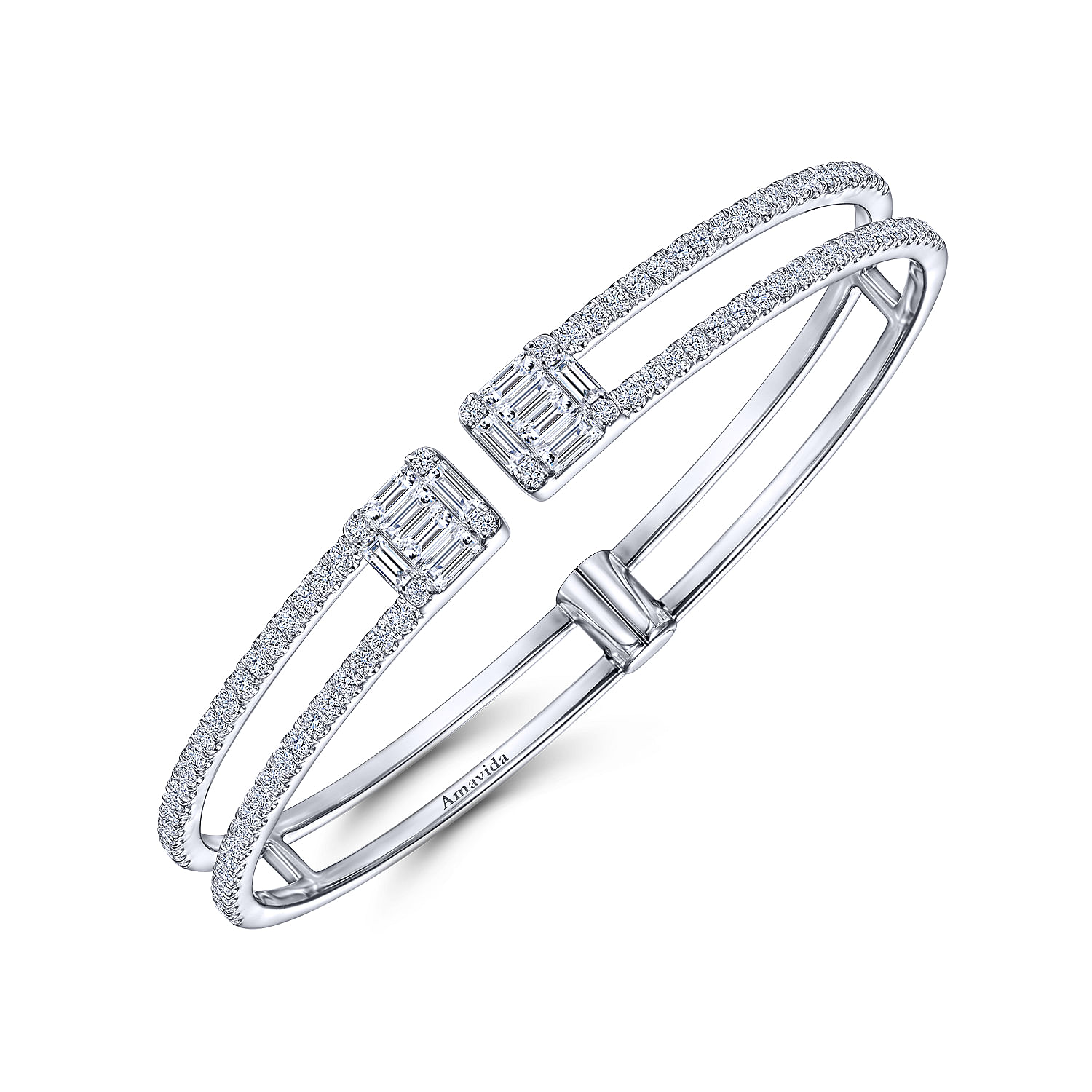 18K White Gold Open Cuff Bracelet with Baguette and Round Diamonds