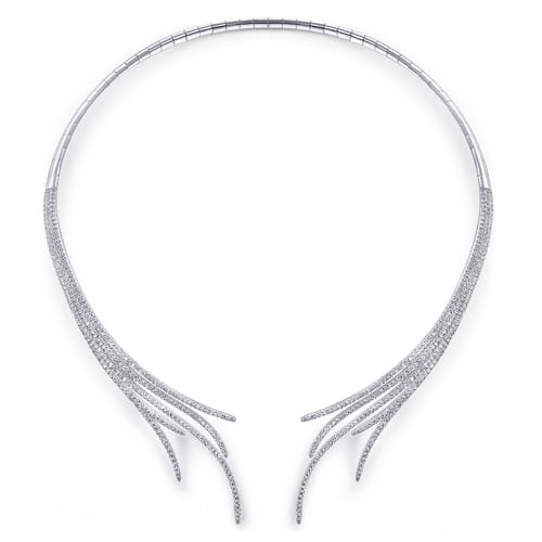 18K White Gold Open Multi Row Diamond Statement Necklace