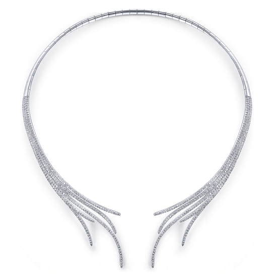 18K White Gold Open Multi Row Diamond Statement Necklace angle 2