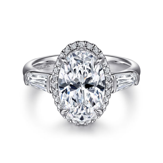 Gabriel - 18K White Gold Oval Cut Three Stone Halo Diamond Engagement Ring