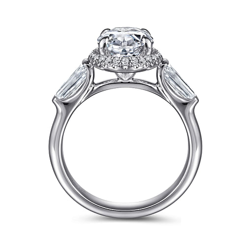 18K White Gold Oval Cut Three Stone Halo Diamond Engagement Ring