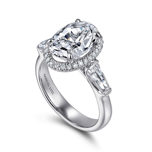 18K White Gold Oval Cut Three Stone Halo Diamond Engagement Ring