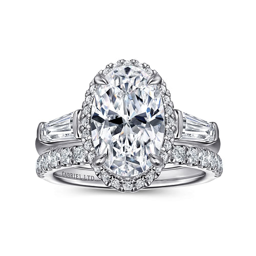 18K White Gold Oval Cut Three Stone Halo Diamond Engagement Ring