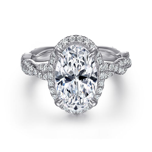 18K White Gold Oval Halo Twisted Diamond Engagement Ring