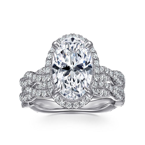 18K White Gold Oval Halo Twisted Diamond Engagement Ring