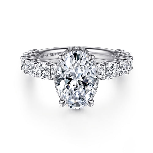 18K White Gold Oval Hidden Halo Diamond Engagement Ring