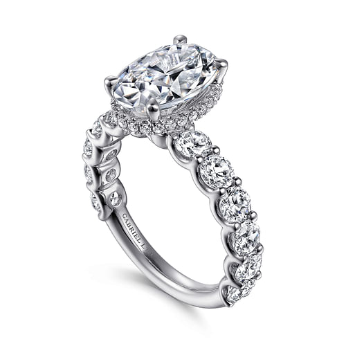 18K White Gold Oval Hidden Halo Diamond Engagement Ring