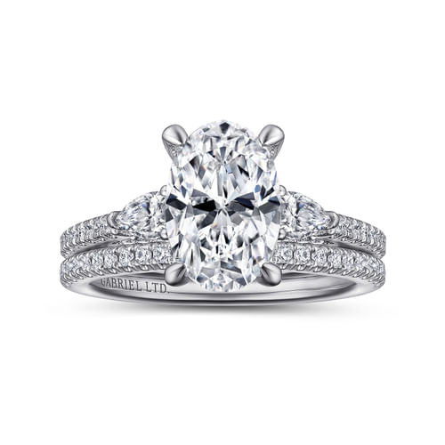 18K White Gold Oval Three Stone Diamond Engagement Ring