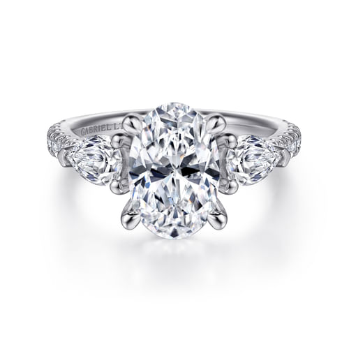 18K White Gold Oval Three Stone Diamond Engagement Ring