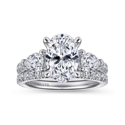 18K White Gold Oval Three Stone Diamond Engagement Ring