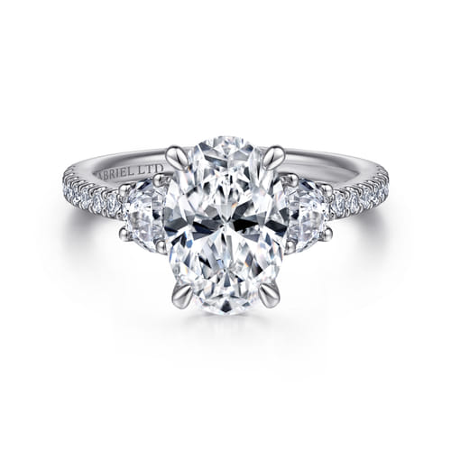 18K White Gold Oval Three Stone Diamond Engagement Ring