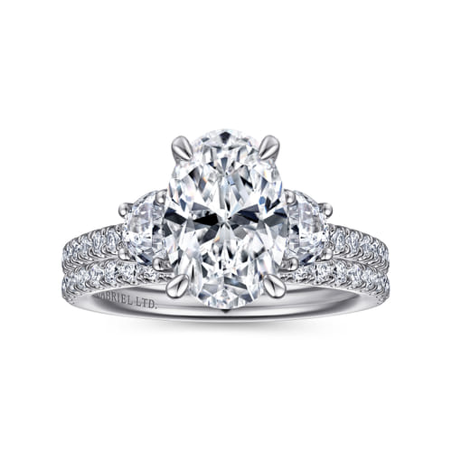 18K White Gold Oval Three Stone Diamond Engagement Ring