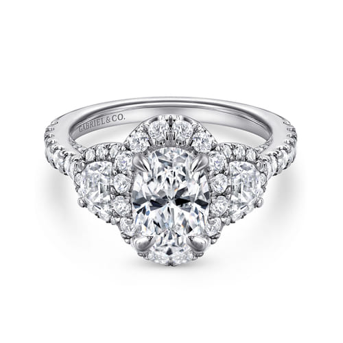 18K White Gold Oval Three Stone Halo Diamond Channel Set Engagement Ring
