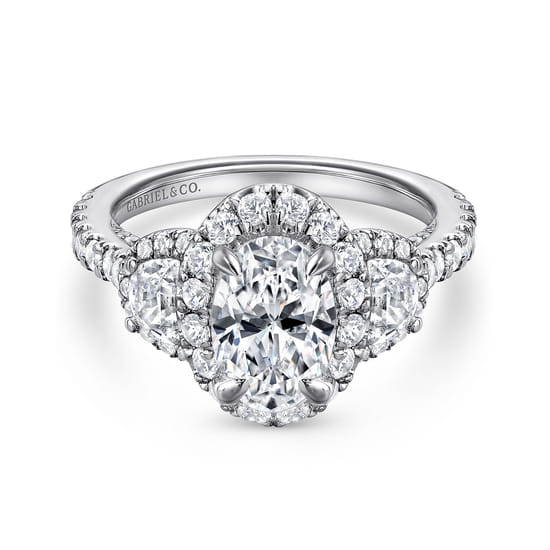 Gabriel - 18K White Gold Oval Three Stone Halo Diamond Channel Set Engagement Ring