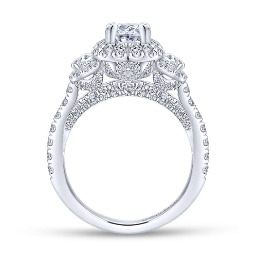 18K White Gold Oval Three Stone Halo Diamond Channel Set Engagement Ring