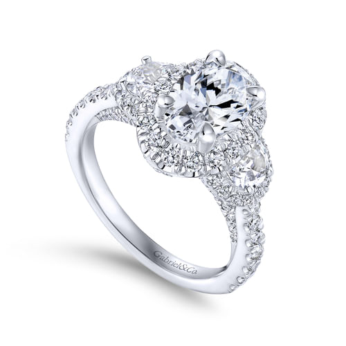 18K White Gold Oval Three Stone Halo Diamond Channel Set Engagement Ring