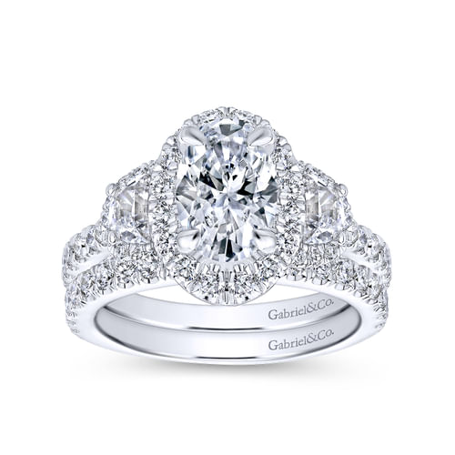 18K White Gold Oval Three Stone Halo Diamond Channel Set Engagement Ring