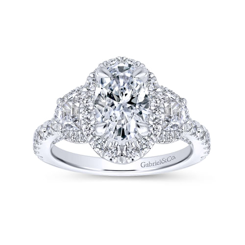 18K White Gold Oval Three Stone Halo Diamond Channel Set Engagement Ring