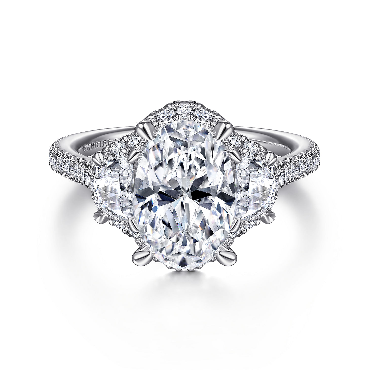 18K White Gold Oval Three Stone Halo Diamond Engagement Ring