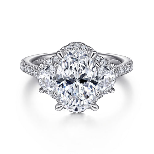 18K White Gold Oval Three Stone Halo Diamond Engagement Ring